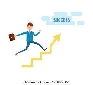 Businessman running to success on growing chart with arrow pointer. Happy executive worker rising upstairs on diagram or graph, growth in career vector