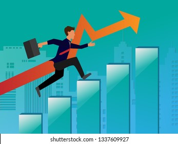 Businessman running to success on growing charts at system of axes. Happy executive worker rising upstairs on diagrams and graphs, growth in career vector 