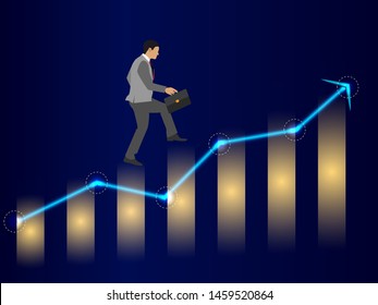 Businessman running to success on growing charts at system of axes. Happy executive worker rising upstairs on diagrams and graphs, growth in career vector. Abstract financial chart. Financial data.