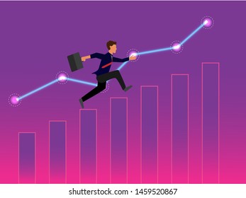 Businessman running to success on growing charts at system of axes. Happy executive worker rising upstairs on diagrams and graphs, growth in career vector. Abstract financial chart. Financial data.