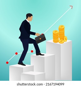 Businessman running to success on growing charts at system of axes. Happy executive worker rising upstairs on diagrams and graphs, growth in career vector 