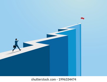 Businessman running to the success on top of the arrow mountain, Symbol of the startup, business finance concept, achievement, leadership, vector illustration flat style
