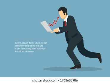 Businessman running in suit, tie and laptop in his hands and a chart of economic values goes off the screen.