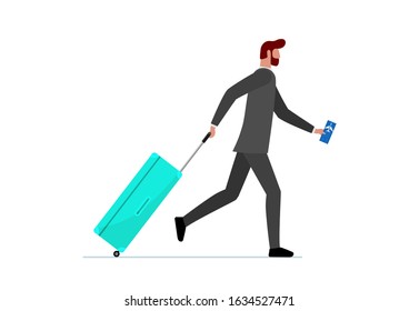 Businessman running with suitcase and flight ticket. Hurrying male with luggage bag rushing boarding to plane or missing flight. Tourist man late traveling concept vector illustration