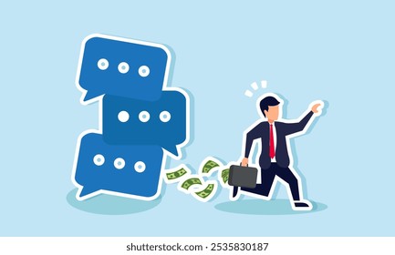 A businessman running with a suitcase full of money, trying to escape a falling pile of chat dialogues, illustration of protecting assets or wealth from losses due to negative accusations