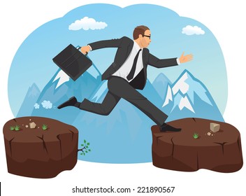 A businessman is running with a suitcase. He is jumping over the abyss.