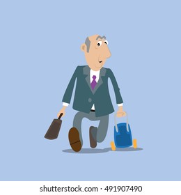 businessman running with a suitcase. hurry. vector illustration of cartoon