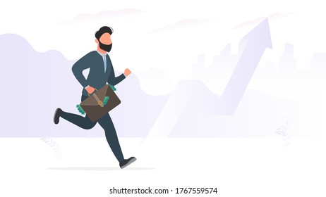 Businessman is running with a suitcase of money. The concept of a successful entrepreneur. Picture for presentations and posters on a business theme. Vector.