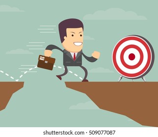 A businessman is running with a suitcase to the target. He is jumping over the abyss.