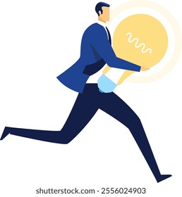 Businessman running swiftly while holding a large light bulb, symbolizing new ideas, innovation, and inspiration in the business world, representing solutions and creativity for success