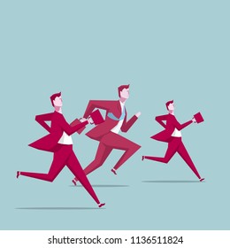 Businessman is running, teamwork concept. The background is blue.