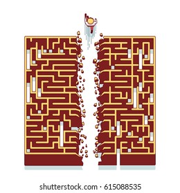 Businessman running through the maze. Business metaphor of overcoming difficulties & finding non-standard solutions. Modern flat style thin line vector illustration isolated on white background.