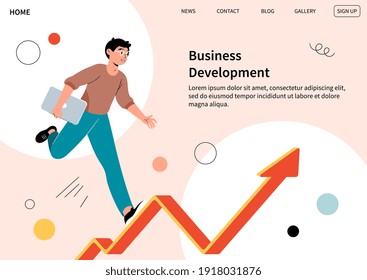 Businessman running through obstacles to his goal. Business developement, career success or personal growth concept. Modern flat cartoon vector illustration. Website, web page, landing page template