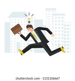 Businessman running through the streets with light bulb icon over his head - flat vector illustration. Idea and business strategy concept.
