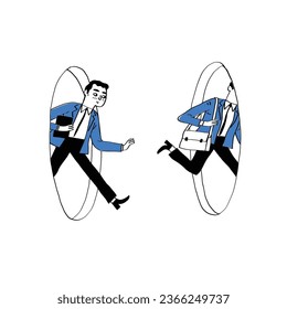 Businessman running through a tunnel, Hand drawn illustration line art doodle style.