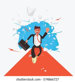 Businessman running through wall towards success