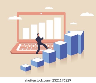 Businessman running to the top of the graph. Business concept of goals, success, ambition, achievement and challenge. Laptop on background. 