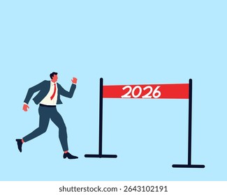 Empresário correndo em direção à linha de chegada de 2026, simbolizando novos objetivos, ambição, sucesso e determinação para o futuro. Ilustração de estilo plano mínimo