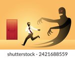 A businessman running toward door pursued by his giant evil shadow. Vector illustration of business concept