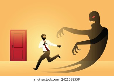 Un hombre de negocios corre hacia la puerta perseguido por su gigantesca sombra maligna. Ilustración vectorial del concepto de negocio