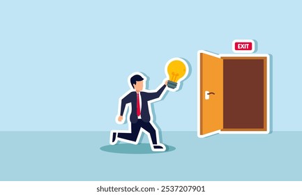 A businessman running toward the exit while holding a lamp, illustration of changing or updating business ideas and innovations to stay relevant with market trends