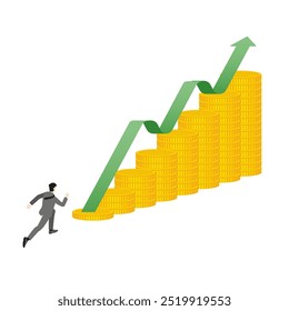 Businessman running toward a rising stack of golden coins, represent the upward trend of financial prosperity, business growth, and currency strength in the modern global economy and stock market.