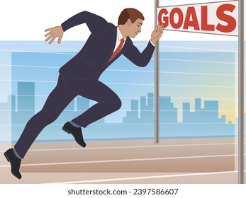 businessman running towards finish line of goals with buildings in the background