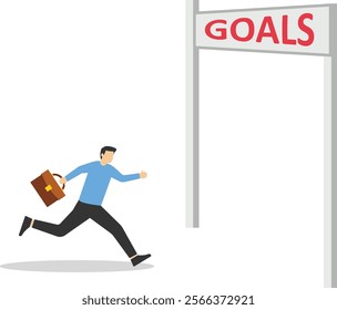 businessman running towards finish line of goals isolated on a white background

