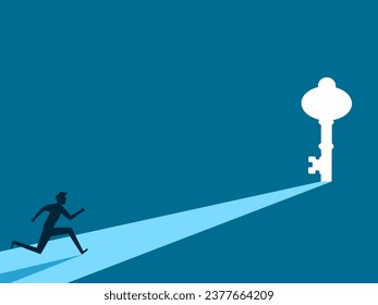 Businessman running towards illuminated key door