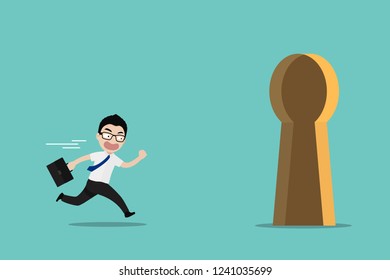 Businessman running towards a key hole. Concept for chance, success and future goal in business