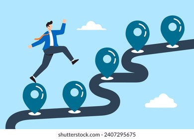 Businessman running towards milestone on the corporate map in flat design