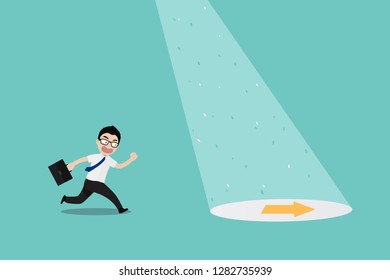 Businessman running towards a navigation arrow. Concept of decision making and choices to success