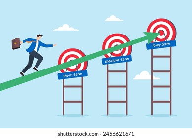 Empresario corriendo hacia objetivos a corto, Mediano y largo plazo, ilustrando el establecimiento de objetivos a través de diferentes plazos. Concepto de medida para alcanzar el éxito y el objetivo de alcanzar los objetivos