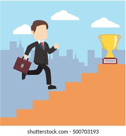 businessman running up to trophy