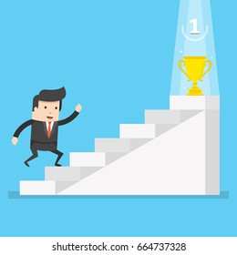 Businessman running up to trophy. Business concept in way to success. Flat cartoon style. Vector illustration.