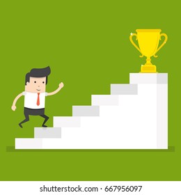 Businessman running up to trophy. Business concept in way to success. Flat cartoon style. Vector illustration.