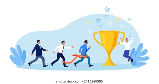 Businessman running to trophy, crossing finish line and tearing ribbon. Business success or achievement, skill or effort to succeed in work. Competitive process in business. Way to achieve the goal