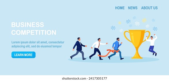 Businessman running to trophy, crossing finish line and tearing ribbon. Business success or achievement, skill or effort to succeed in work. Competitive process in business. Way to achieve the goal