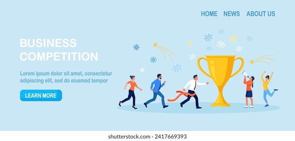 Businessman running to trophy, crossing finish line and tearing ribbon. Business success or achievement, skill or effort to succeed in work. Competitive process in business. Way to achieve the goal