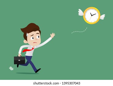 Businessman was running and trying to catch the flying clock or time, Cartoon vector illustration