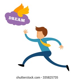 Businessman running trying to catch his dream, vector cartoon