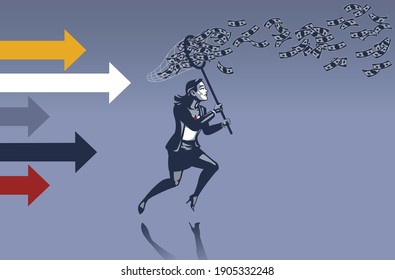 Businessman Running Trying to Catch Money Flying in the Air with Butterfly Net Blue Collar Illustration Concept