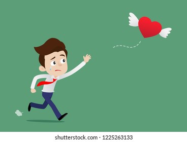 Businessman running and trying to chase love, Cartoon vector illustration