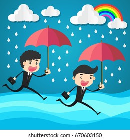 businessman running with umbrella on rainy day to go to workplace in time