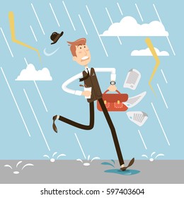 Businessman running under the rain to the work. Competitive business concept. colorful design. vector illustration