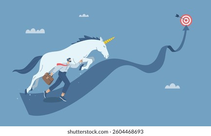 Businessman running with unicorn running along a winding path towards the goal, Startup business idea, Unicorn business start up inspiration, Success concept, Flat vector design illustration.
