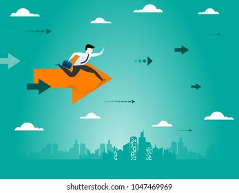 Businessman running upwards forward on arrow sign.to Success. business concept vector illustration eps10.