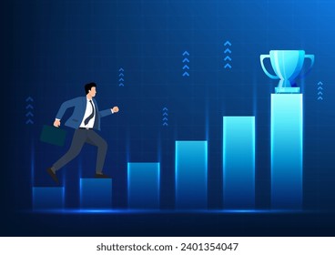 Businessman running upwards Graph the chart to get the trophy. Shows how to do business to reach goals Let the company grow exponentially, Chart price of a company's online financial business