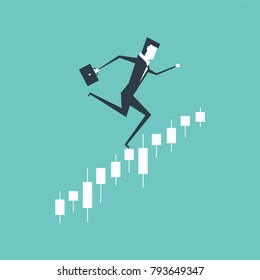 Businessman running upwards on a business graph, Jumping in the stock market. vector