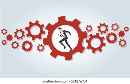 Businessman running in wheel gear background vector